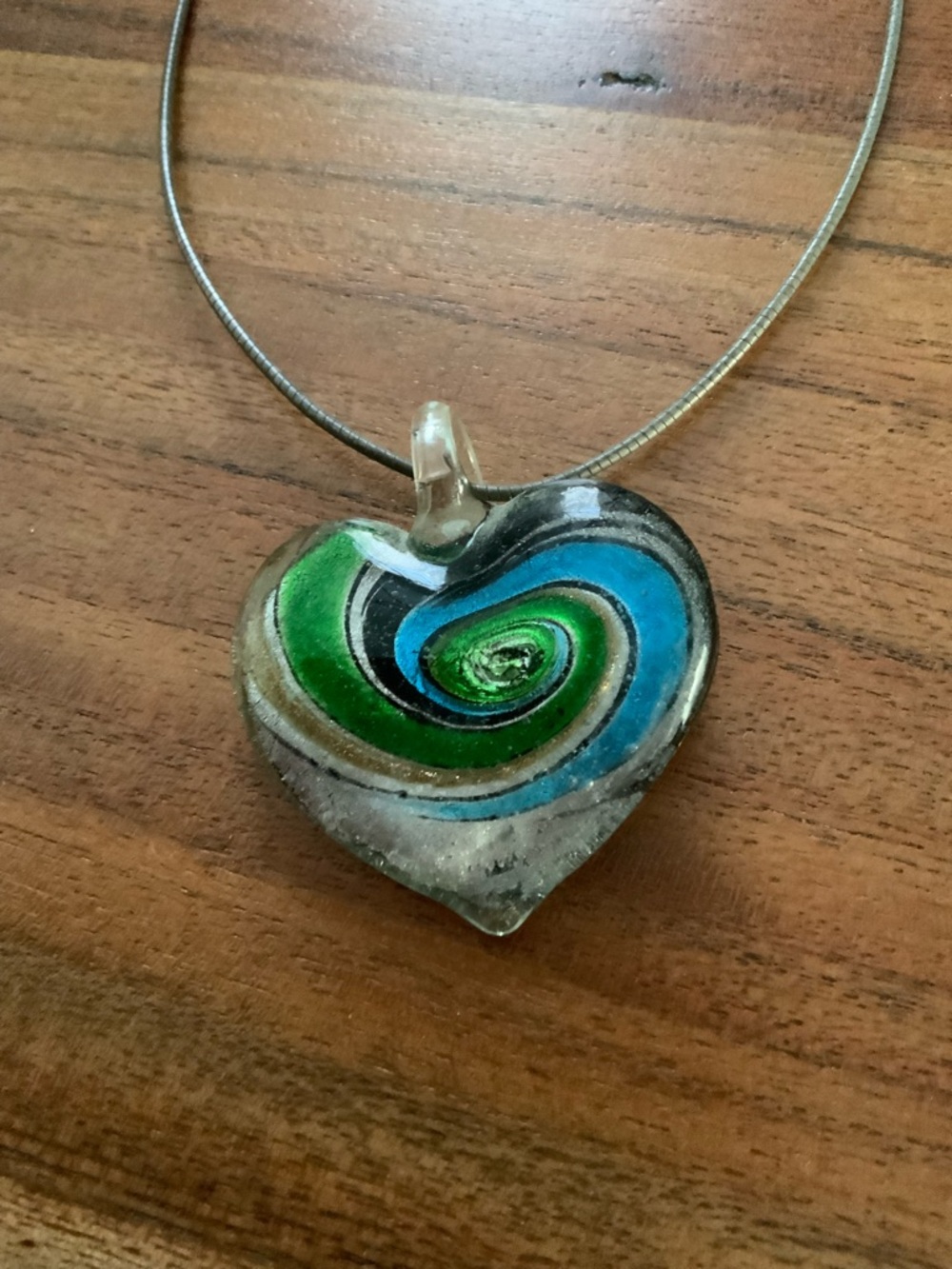 Artisan Green & Blue Art Glass Heart Pendant Necklace 16”